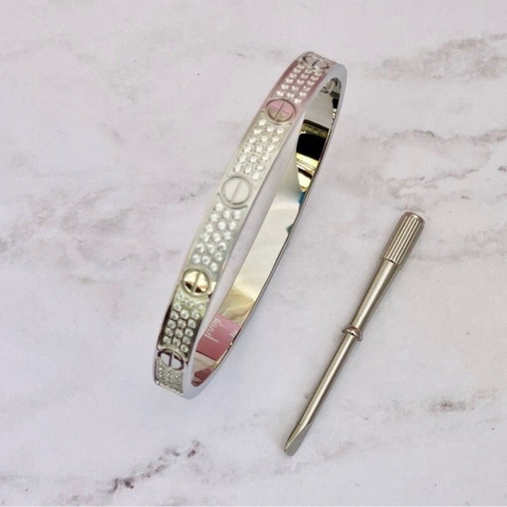 Pave Screw Bangle Bracelet with Screwdriver in Silver